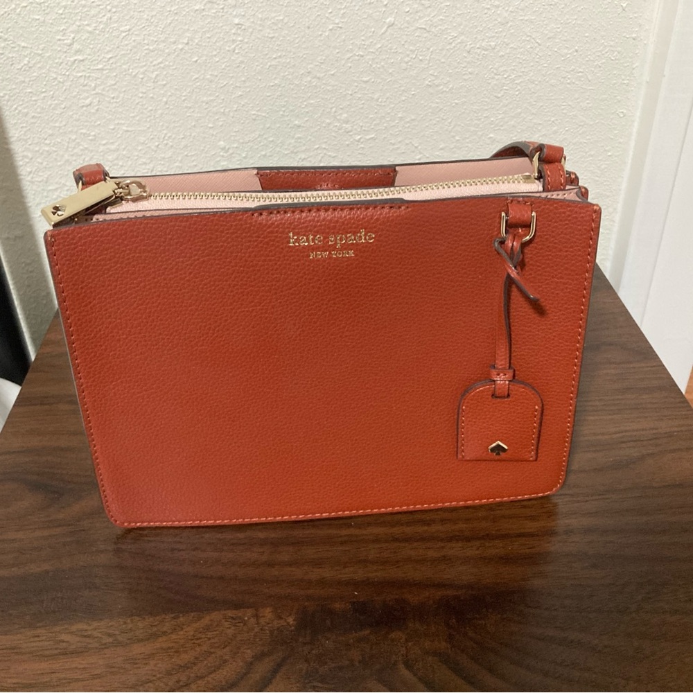 Kate Spade Eva triple gusset crossbody bag purse chestnut butter pebbled leather